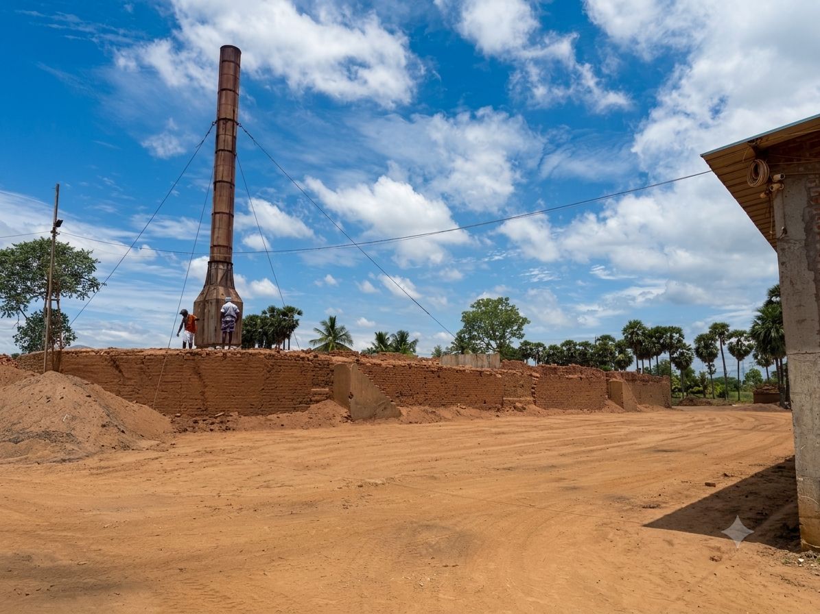 Traditional chamber kiln and chimney at BMC Bricks factory