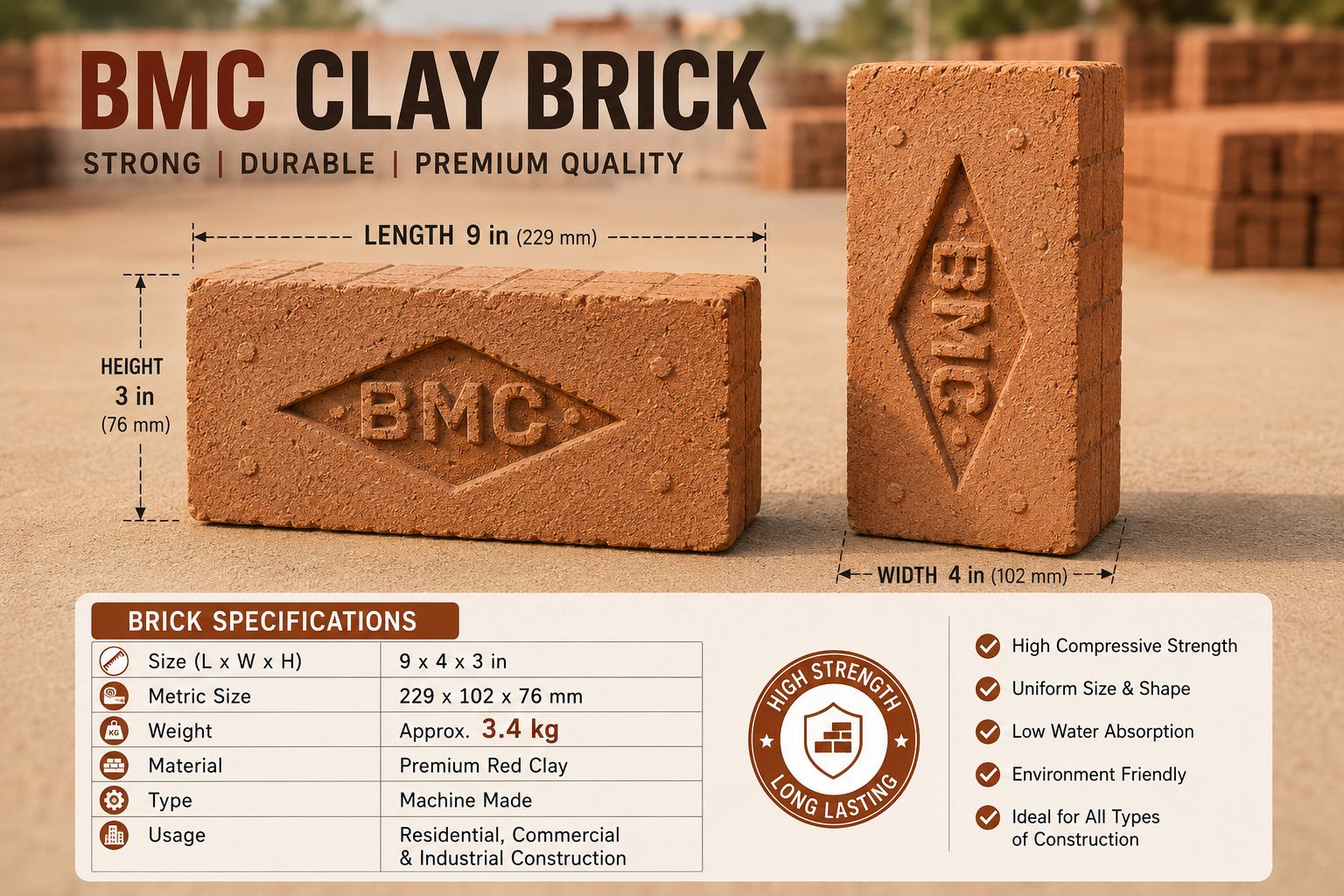 BMC Clay Brick specification chart — size 9 x 4 x 3 inches, weight 3.4 kg, premium red clay